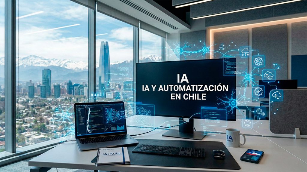 Escritorio de oficina moderna con laptop y monitor mostrando gráficos de inteligencia artificial y automatización, con vista panorámica de Santiago de Chile al fondo.