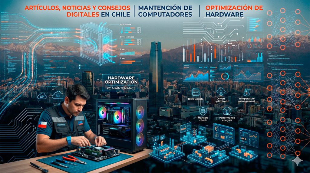 Técnico realizando mantención de computadores en Chile y optimización de hardware para WebSide Multimedia.