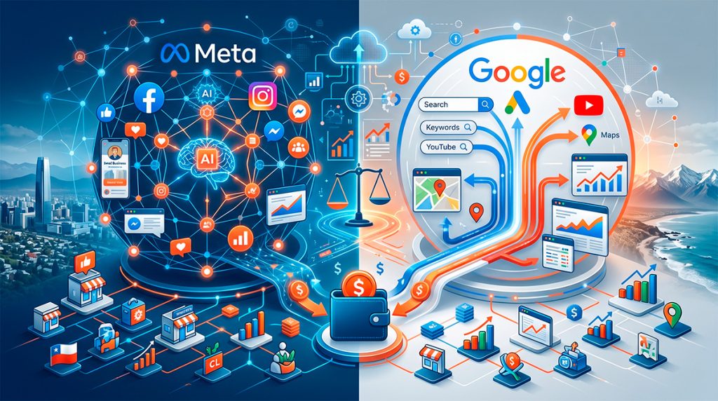 Comparativa de publicidad digital Meta vs Google para Pymes chilenas en 2026, mostrando gráficos de rendimiento e inversión.