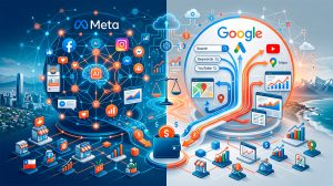 Comparativa de publicidad digital Meta vs Google para Pymes chilenas en 2026, mostrando gráficos de rendimiento e inversión.