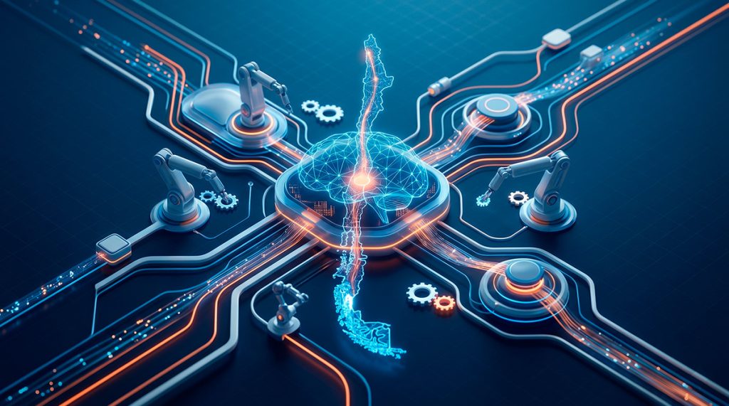Una vista de arriba hacia abajo de la placa de circuito tecnológico de alta tecnología de la automatización de la IA en Chile, con los brazos robóticos, la red neuronal cerebral y el esquema del país que fluyen juntos.