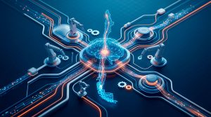 Una vista de arriba hacia abajo de la placa de circuito tecnológico de alta tecnología de la automatización de la IA en Chile, con los brazos robóticos, la red neuronal cerebral y el esquema del país que fluyen juntos.