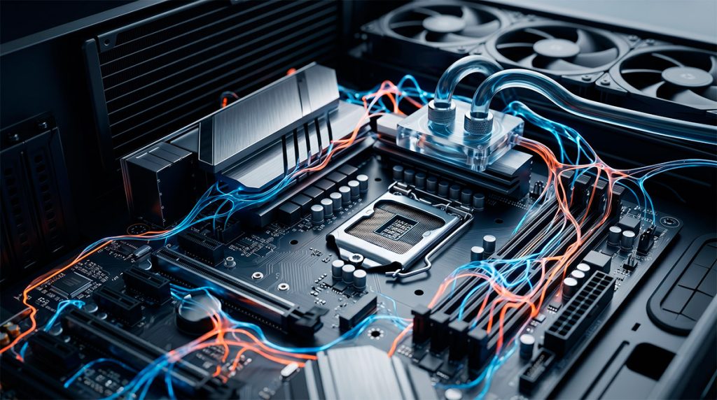 La imagen representa mantención de computador con IA, vista macro hiperrealista de hardware: placa base y sistemas de refrigeración, integrado con diseño de filamentos de red neuronal brillantes.