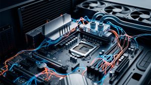 La imagen representa mantención de computador con IA, vista macro hiperrealista de hardware: placa base y sistemas de refrigeración, integrado con diseño de filamentos de red neuronal brillantes.